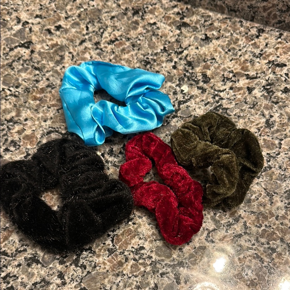 Velvet and Satin style Hair Scrunchies Set - Black, Red, Blue, Olive - Picture 1 of 2